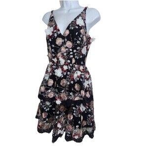 DRESS THE POPULATION Nellie Mini Dress Black Multi 3D Floral Embroider Women XS
